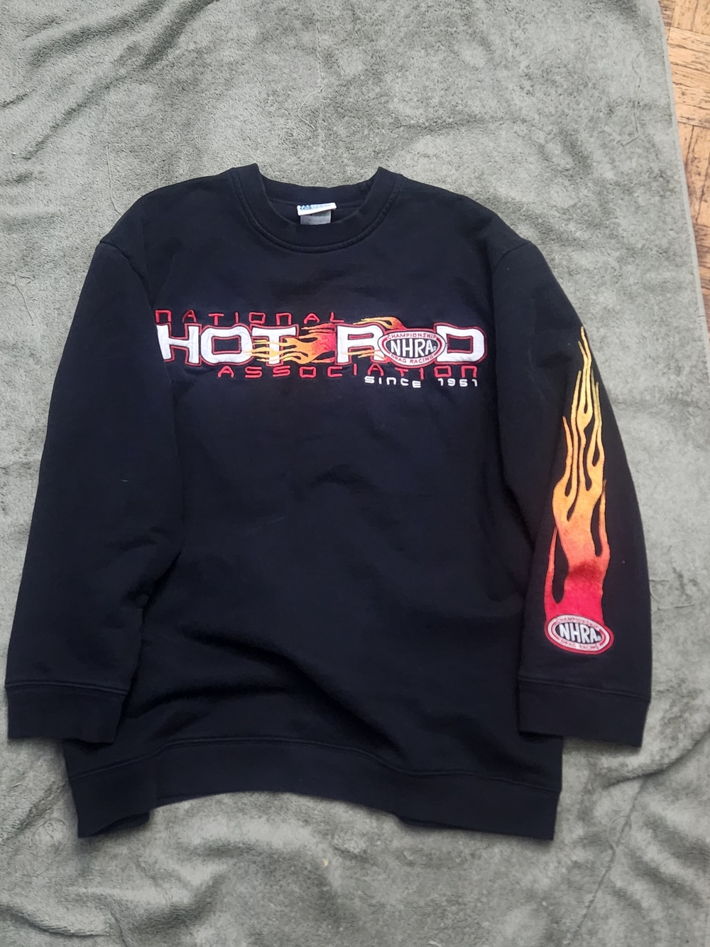Black Crewneck Sweatshirt with Flame Sleeve Graphic